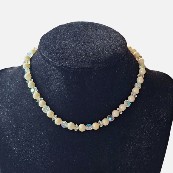 Vtg 1960's Laguna Crystal White Bead Pearl Choker Necklace Earring Matching Set - Picture 2 of 6